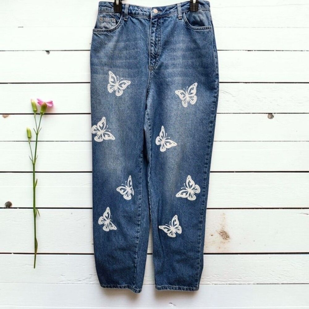 BooHoo Blue High Waisted Mom Jeans Butterflies Womens 10 Denim Distressed Y2K